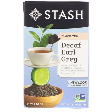 Чорний чай, без кофеїну Ерл Грей, Black Tea, Decaf Earl Grey, Stash Tea, 18 чайних пакетиків, 1,1 унції (33 г)