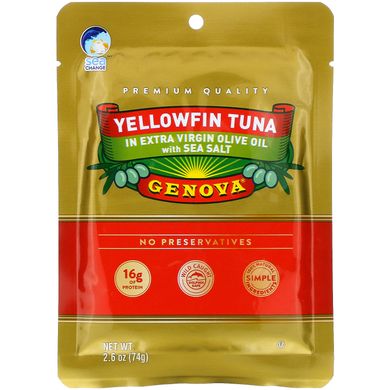 Genova, Жовтий тунець в маслі першого віджиму з морською сіллю, 2,6 унції (74 г)