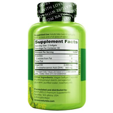 NATURELO, Vegan DHA, Omega-3 from Algae, 800 mg, 120 Vegan Softgels (400 mg per Softgel)