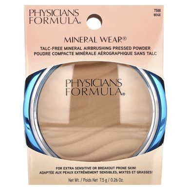 Physicians Formula, Mineral Wear, мінеральна пресована пудра для аерографії без тальку, 7588 бежевий, 7,5 г (0,26 унції)