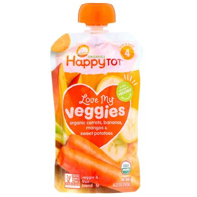 «Смачні овочі», органічне пюре з моркви, бананів, манго і батату, Happy Family Organics, 120 г