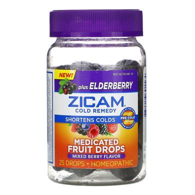 Лікувальні фруктові штучки плюс бузина, суміш ягід, Cold Remedy, Medicated Fruit Drops Plus Elderberry, Mixed Berry, Zicam, 25 шт
