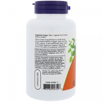 Senna Leaves Now Foods 470 mg 100 Vegetarian Capsules