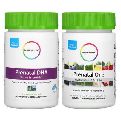 Пренатальные мультивитамины, Prenatal One plus Prenatal DHA Smart Essentials, на, Rainbow Light, 1 месяц (30 таблеток + 30 желатиновых капсул) купить в Киеве и Украине