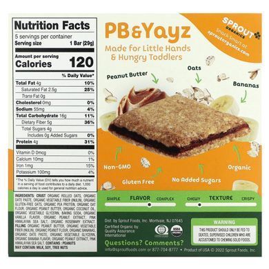 Sprout Organics, PB & Yayz, Organic Snack Sized Sandwich Bar, Peanut Butter & Banana, 5 Bars, 1.02 oz (29 g) Each купить в Киеве и Украине
