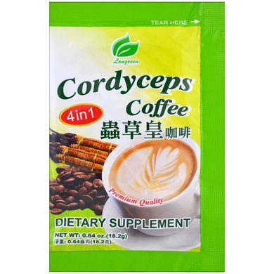 Cordyceps Coffee4 в 1, кава з Кордицепс, Longreen Corporation, 10 пакетиків, 182 г (6,4 унції)