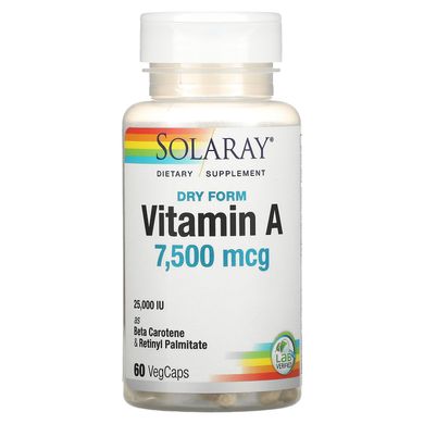 Сухий вітамін А, Dry Form Vitamin A, Solaray, 25000 МО, 60 вегетаріанських капсул