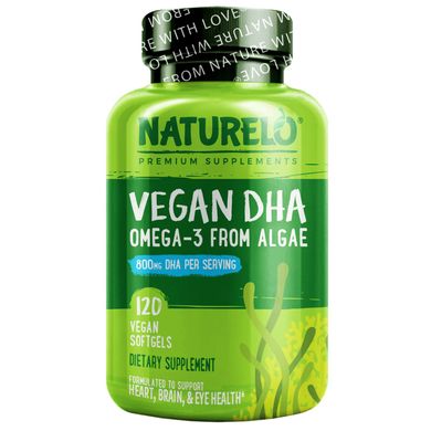 NATURELO, Vegan DHA, Omega-3 from Algae, 800 mg, 120 Vegan Softgels (400 mg per Softgel)