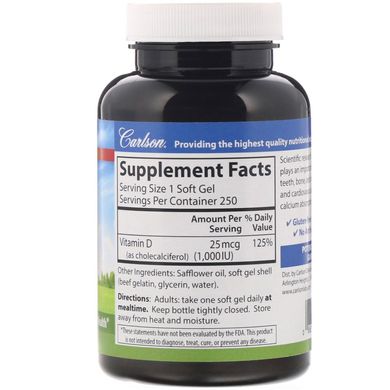 Вітамін Д3, холекальциферол, Vitamin D3, Carlson Labs, 3, 1000 МО (25 мкг), 250 м'яких таблеток