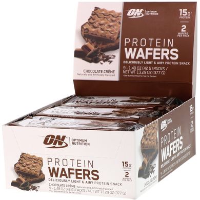 Протеїнові вафлі, шоколадний крем, Optimum Nutrition, 9 упаковок, по 1,48 унції (42 г) кожна