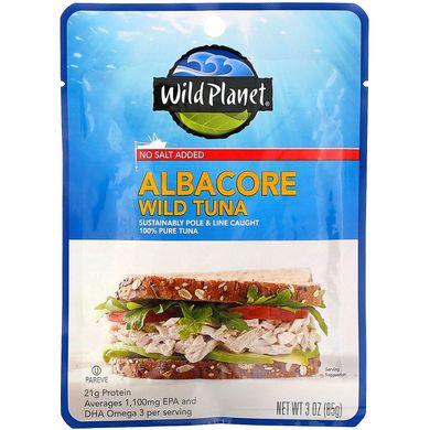 Дикий тунец Альбакор, без добавления соли, Albacore Wild Tuna, No Salt Added, Wild Planet, 85 г купить в Киеве и Украине
