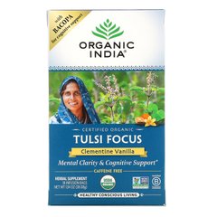 Organic India, Tulsi Tea, Focus, клементину та ваніль, без кофеїну, 18 пакетиків для настою, 1,34 унції (38,08 г)