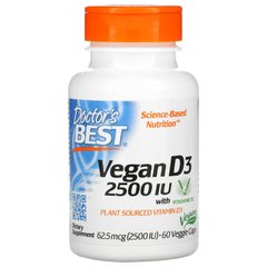 Веганські вітамін Д3, Vegan Vitamin D3, Doctor's Best 2500 МО, 60 вегетаріанських капсул