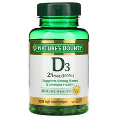 Nature's Bounty, D3, імунне здоров'я, 25 мкг (1000 МО), 350 м'яких таблеток зі швидким вивільненням