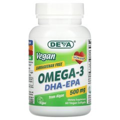 Deva, Vegan Omega-3 DHA-EPA, 500 мг, 60 веганских мягких таблеток купить в Киеве и Украине