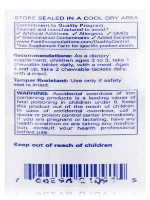 Мультивітаміни та мінерали для дітей із залізом Pure Encapsulations (PurePals with Iron) 90 жувальних таблеток