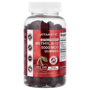Vitamatic, жувальні таблетки з метилом B12, підвищена міцність, без цукру, натуральна вишня, 240 жувальних таблеток