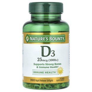 Natures Bounty, D3, immune health, 25 mcg (1000 IU), 350 quick release softgels.