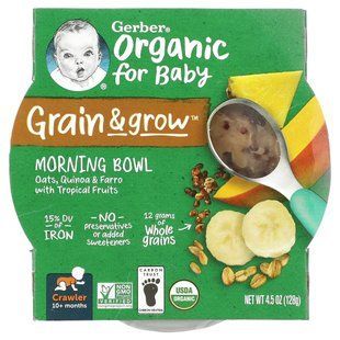Organic Grain & Grow Morning Bowl, 10+ Months, Oats, Red Quinoa & Farro with Tropical Fruits, Gerber, 128 g translates to: Organic Grain & Grow Morning Bowl, 10+ Months, Oats, Red Quinoa & Farro with Tropical Fruits, Gerber, 128 g - Органическое зерно и р