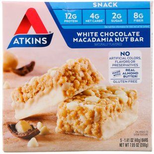 Bars with white chocolate and macadamia nuts, Atkins, 5 bars, 1.41 oz (40 g) each.