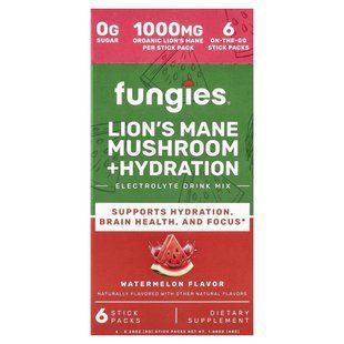 Fungies, Lion's Mane Mushroom + Hydration, Electrolyte Drink Mix, Watermelon, 6 Stick Packs, 0.28 oz (8 g) Each