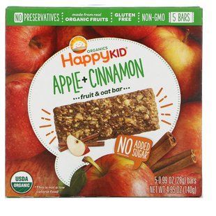 Happy Kid, Яблуко + кориця, Батончик з фруктами і вівсом, Happy Family Organics, 5 баточніков, 0,99 унц (28 г) кожен