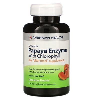 Ензим папайї з хлорофілом, American Health, 250 жувальних таблеток