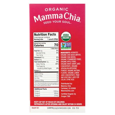 Органічне пребіотичне стиснення чіа, полуничний лимонад, Mamma Chia, 4 пакетика, 3,5 унції 99 г кожен