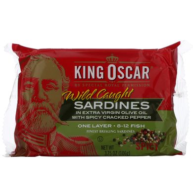 King Oscar, сардини дикого улову в нерафінованій оливковій олії найвищої якості, один шар риби, 8–12 шт., 106 г (3,75 унції)