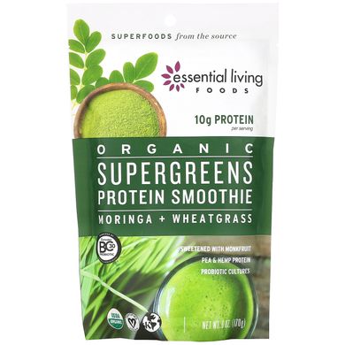 Essential Living Foods, Органічний суперзелений протеїновий смузі, моринг + водяна трава, 6 унцій (170 г)