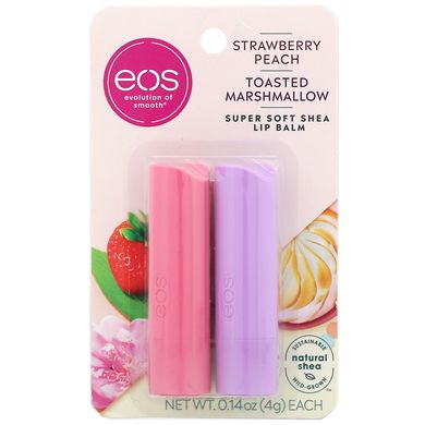 Бальзам для губ, полуничний персик і смажений зефір, Super Soft Shea Lip Balm, Strawberry Peach,Toasted Marshmallow, EOS, 2 пакети, 0,14 унції (4 г) кожен