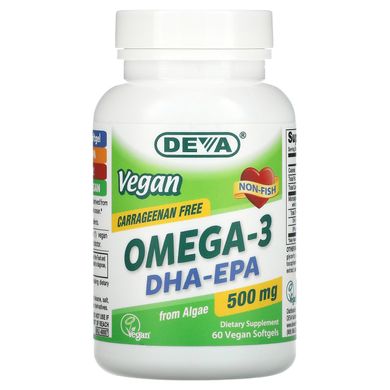 Deva, Vegan Omega-3 DHA-EPA, 500 мг, 60 м'яких веганських таблеток