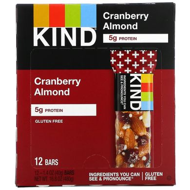 Батончики з журавлиною мигдалем і антиоксидантами KIND Bars (Cranberry Almond + Antioxidants Bars Kind Plus) 12 бат.