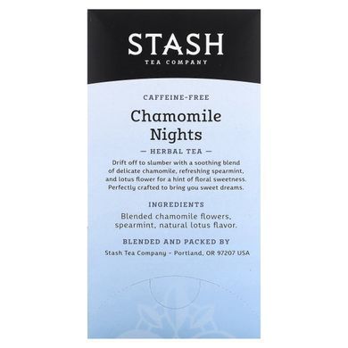 Chamomile Nights, herbal tea with apothecary chamomile, caffeine-free, Stash Tea, 20 tea bags, 0.6 oz (18 g).