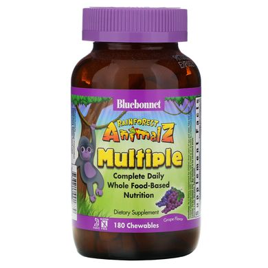 Мультивітаміни для дітей зі смаком винограду Bluebonnet Nutrition (Rainforest Animalz Multiple) 180 жувальних цукерок