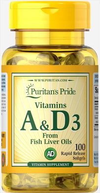Вітаміни А і Д Puritan's Pride (Vitamin A & D) 5000/400 МО 100 капсул.