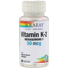 Витамин К-2 Менахинон-7, Vitamin K-2 Menaquinone-7, Solaray, 50 мкг, 60 вегетарианских капсул купить в Киеве и Украине