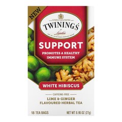 Трав'яний чай для підтримки імунітету, білий гібіскус, лайм і імбир, без кофеїну, Twinings, 18 пакетиків по 0,95 унц (27 г)