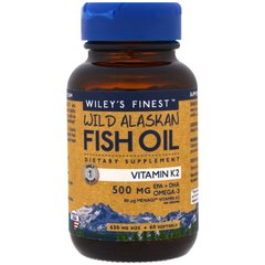 Рыбий жир дикой рыбы Аляски, витамин K, Wiley's Finest, 2, 60 желатиновых капсул с рыбьим жиром купить в Киеве и Украине