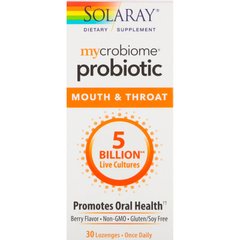 Мікробіомний пробіотик для рота і горла, з ягідним смаком, Mycrobiome Probiotic Mouth & Throat Formula, Solaray, 30 пастилок
