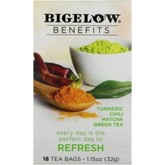 Оновлення, куркума, чилі, маття, зелений чай, Bigelow, Benefits, 18 чайних пакетиків, 1,15 унц (32 г)