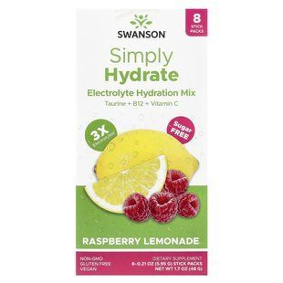 Swanson, Simply Hydrate, Electrolyte Hydration Mix, Raspberry Lemonade, 8 Stick Packs 0.21 oz (5.95 g) Each