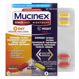 Mucinex, Sinus-Max, денний і нічний, синус, максимальна ефективність, для дітей старше 12 років, 2 флакони, 20 капсул