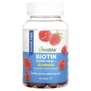 Lifeable, Biotin Gummies, Sugar Free, Natural Raspberry, 5,000 mcg, 60 Gummies (2,500 mcg per Gummy) купить в Киеве и Украине