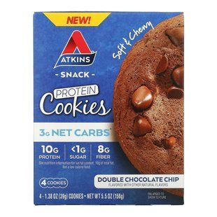 Atkins, Protein Cookies, Double Chocolate Chip, 4 Cookies, 1.38 ounces (39 g) each.