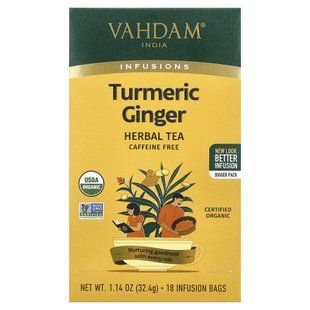 VAHDAM India, Infusions, травяной чай, куркума и имбирь, без кофеина, 18 пакетиков для заваривания, 32,4 г (1,14 унции) купить в Киеве и Украине