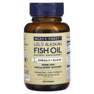 Рыбий жир дикой рыбы Аляски, витамин K, Wiley's Finest, 2, 60 желатиновых капсул с рыбьим жиром купить в Киеве и Украине