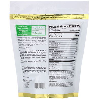 Рисові чіпси з морськими водоростями медова олія California Gold Nutrition (Seaweed Rice Chips Honey Butter) 60 г