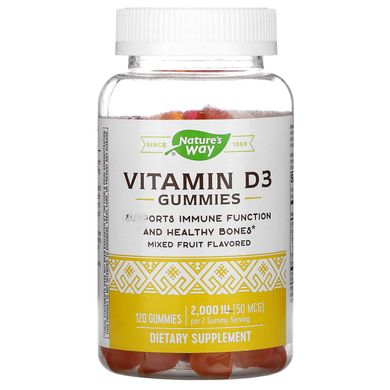 Nature's Way, жувальні таблетки з вітаміном D3, зі смаком фруктового асорті, 50 мкг (2000 МО), 120 жувальних таблеток
