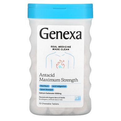 Антацид з карбонатом кальцію, органічні ароматизатори «ягоди» і «ваніль», Genexa, 72 жувальні таблетки